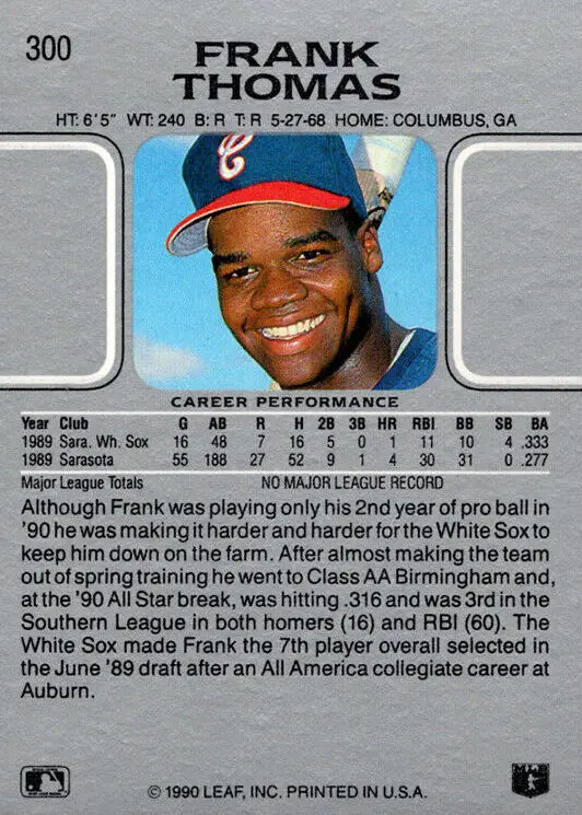 1990 Leaf Frank Thomas Baseball Rookie back of Card #300