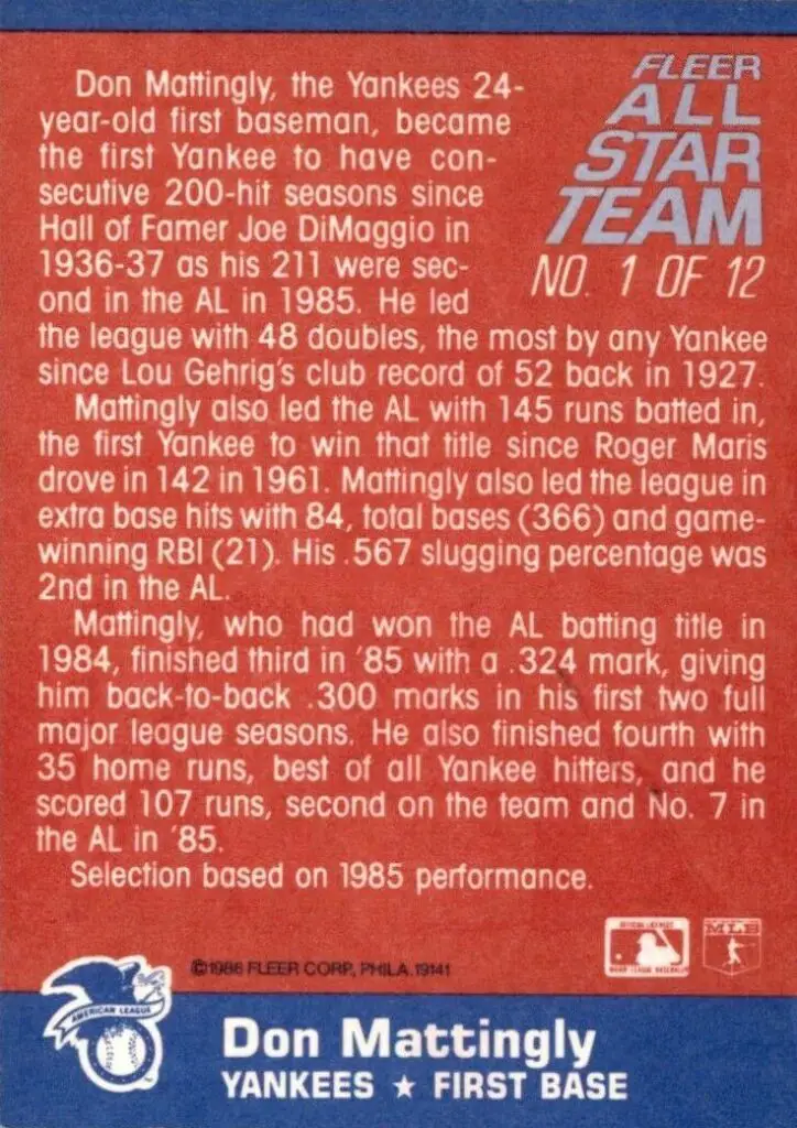 1986 Don Mattingly Fleer All Stars Baseball Card #1 Rear of Card