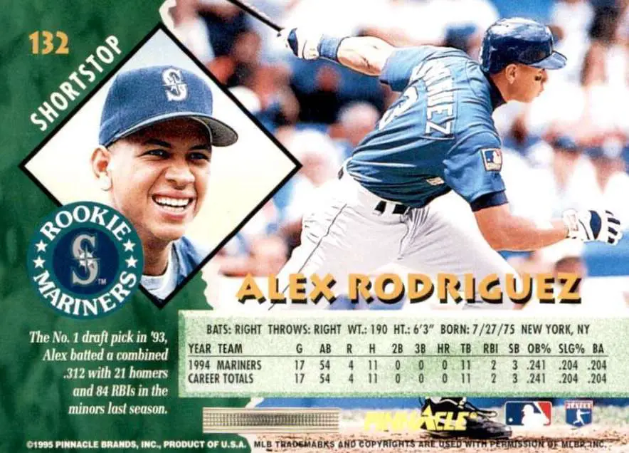 1995 Pinnacle Alex Rodriguez baseball Cards #132 back of card