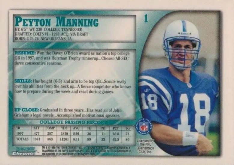 1998 Topps Bowman Chrome Peyton Manning Rookie Card #1 back of card