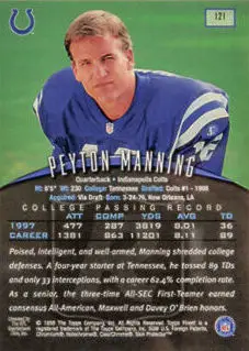 1998 Topps Finest Peyton Manning Rookie Card #121 back of card