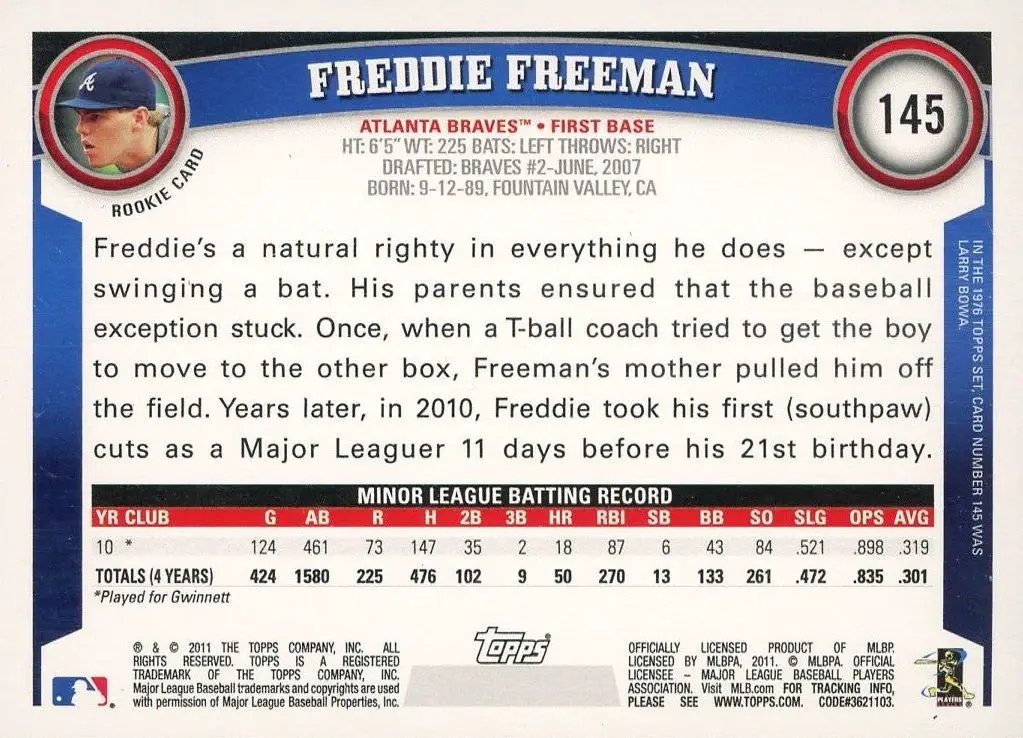 2011 Topps Freddie Freeman Rookie Card #145 back of card