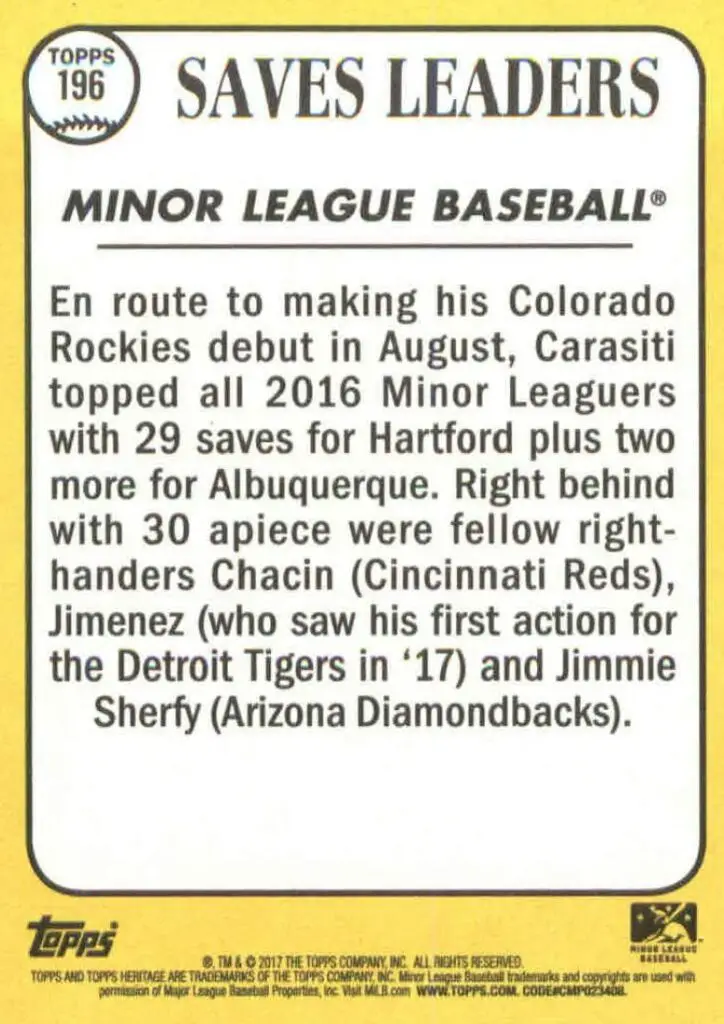 2017 Topps Heritage Minor League Baseball 2016 Saves Leaders Card #196 alejandro chacin ex miners baseball card
