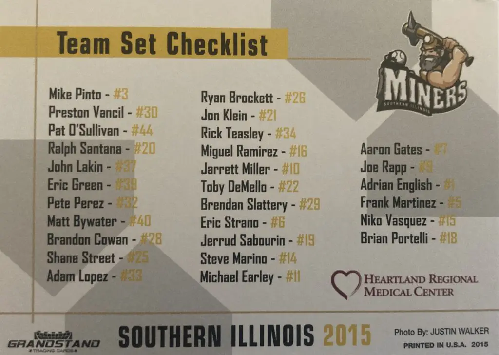 Southern Illinois Miners 2015 baseball cards checklist