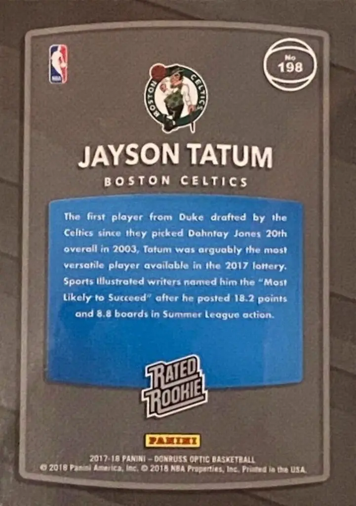 2017-2018 Jayson Tatum Panini Donruss Rookie Card #198 back of card
