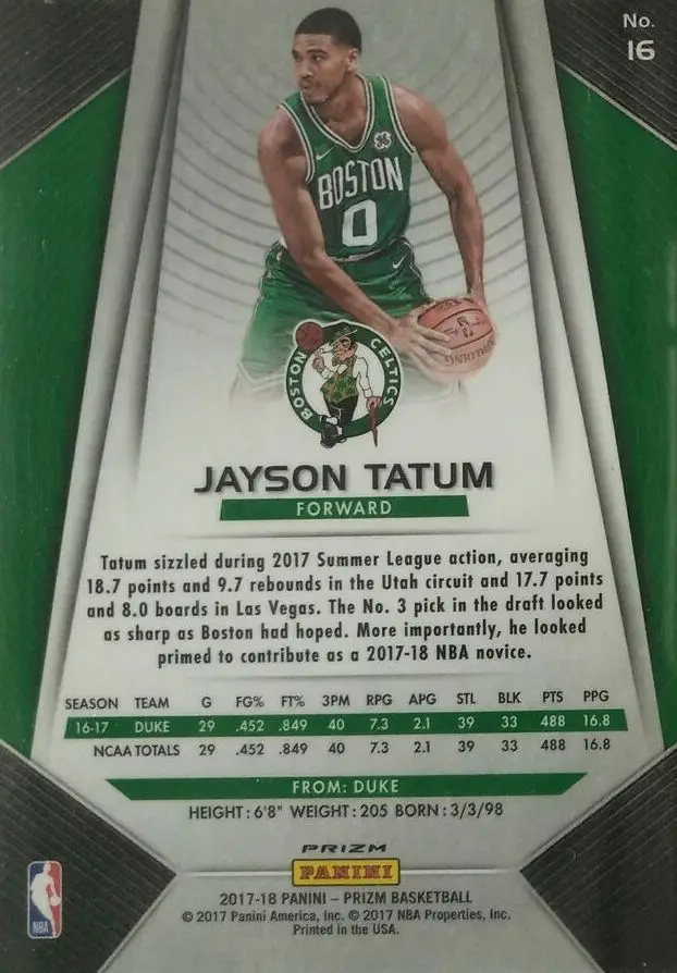2017-2018 Panini Prizm Green Rookie Card #16 back of card