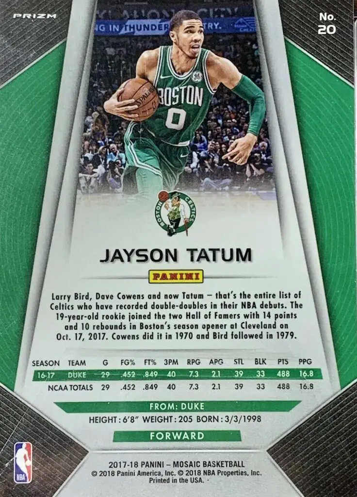 2017-2018 Panini Prizm Mosaic Jayson Tatum baseketball Rookie Card #20 back of card
