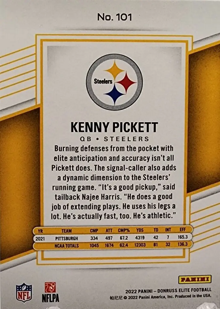 Kenny Pickett 2022 Panini Donruss Elite Rookie Card #101 back of card