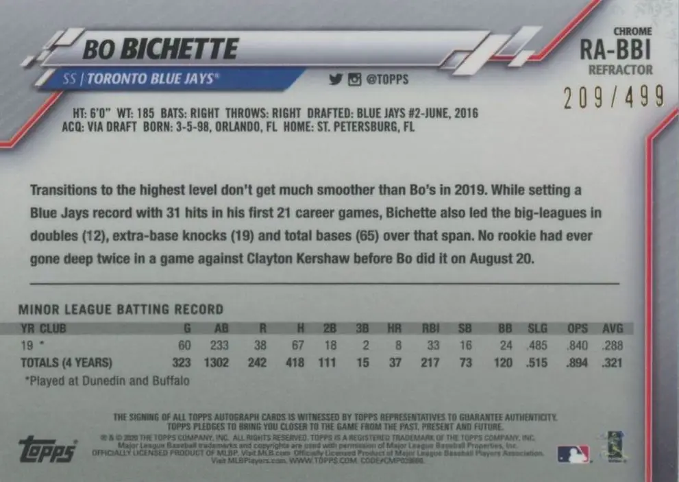 2020 Topps Chrome Bo Bichette baseball Rookie Cards #RA-BBI